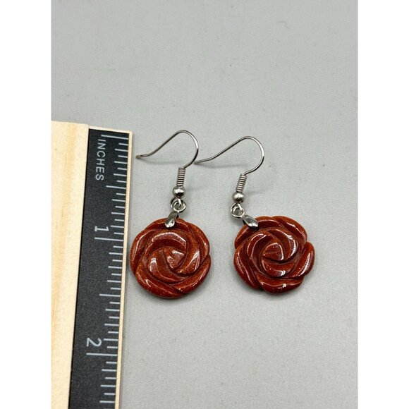 Carved Roses Goldstone Earrings Pierced Dangles Small Floral Flowers Earrings - Picture 4 of 4